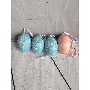 Hand painted Etched Egg Ornaments Blue Pink READ